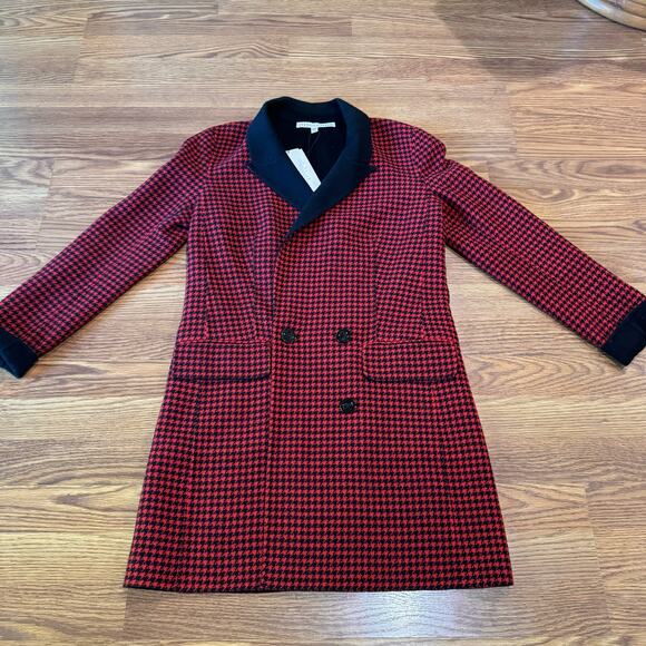Veronica Senna Red Houndstooth Wool Double Breasted Long Coat Jacket size 4 - Picture 12 of 13